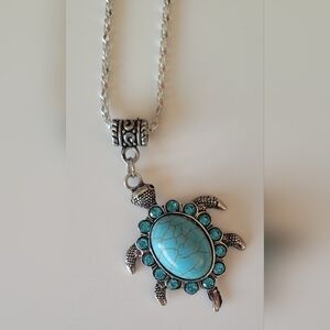 Blue Turquoise Color With Rhinestones Sea Turtle Pendant Necklace